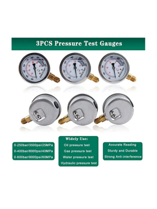 3 Pressure Gauge 6 Test Coupling 3 Test Hose 1 Storage Case Upgraded Version Hydraulic Pressure Gauge Kit for SINOCMP
