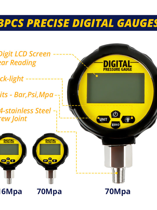 SINOCMP Digital Hydraulic Pressure Test Kit 70Mpa*2Gauge 16Mpa*1Gauge 22 Test Couplings 3 Test Hoses for Caterpillar John Deere Excavator Construction Machinery